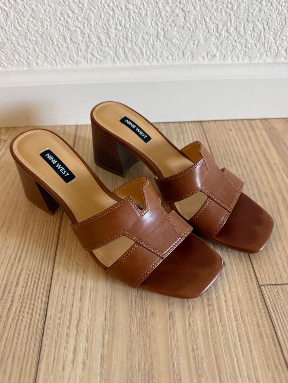 NINE WEST Brown Leather Block Heel Slide mule Sandals size 7.5